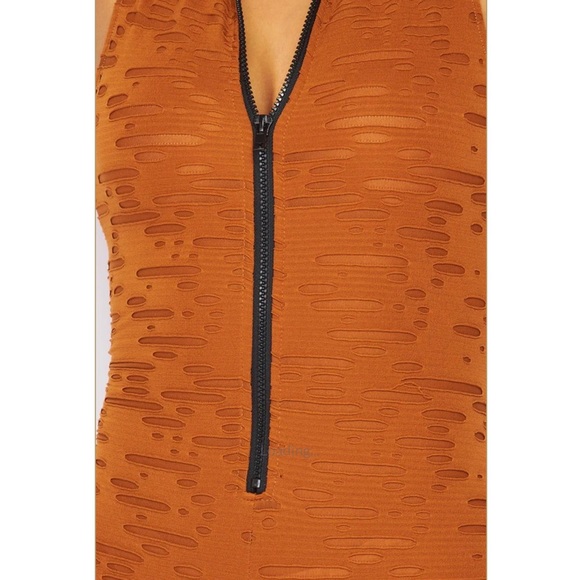 Brown Mesh Detail Zipper Biker Shorts Romper - Picture 2 of 9